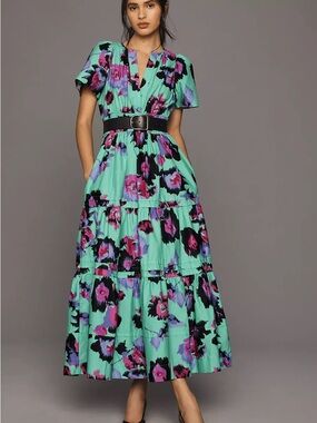 Anthropologie Mint Floral Tiered Maxi Dress with Pink & Black Floral Accents